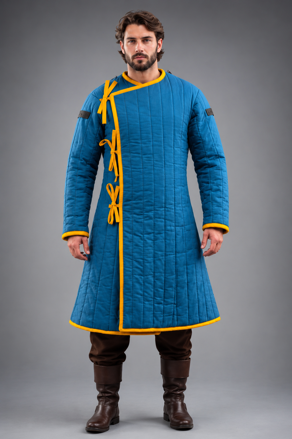 Men's Blue & Yellow Medieval Quilted Gambeson – Long Padded Arming Coat for LARP, SCA & Reenactment