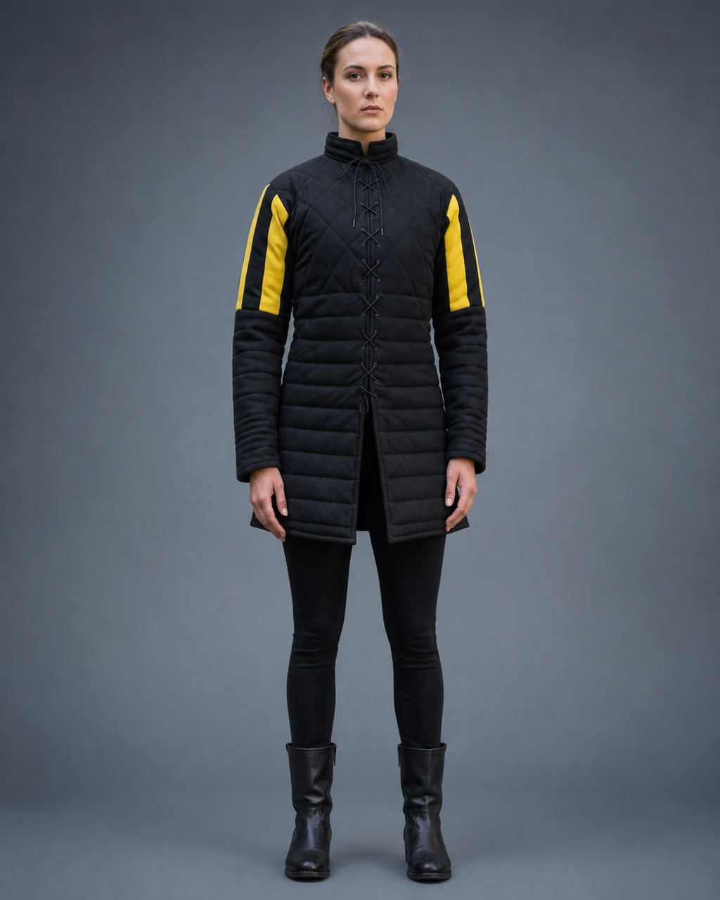 Women's Black & Yellow Medieval Quilted Gambeson – Padded Arming Coat for LARP, SCA & Historical Reenactment