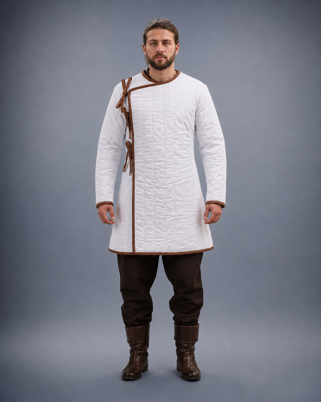 Men's White Medieval Quilted Gambeson with Brown Trim – Padded Arming Coat for LARP, SCA & Reenactment
