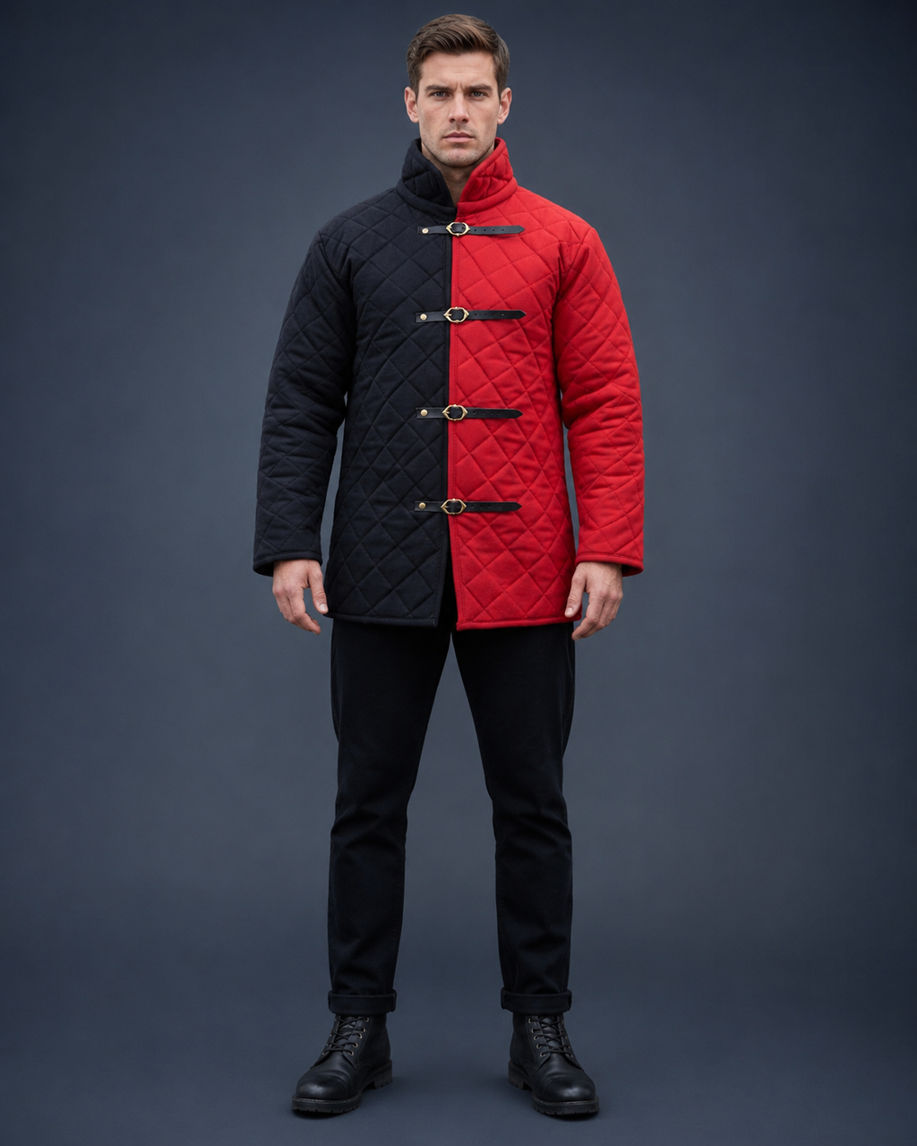 Men’s Medieval Red & Black Quilted Gambeson Jacket – Padded LARP Reenactment Armor Coat