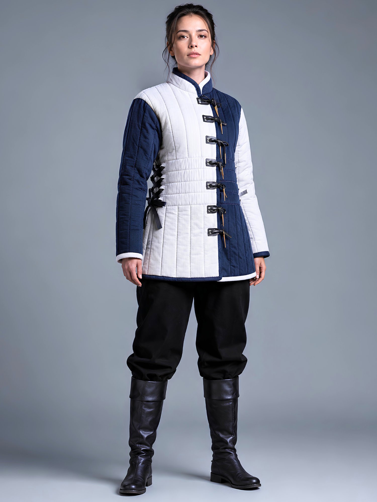 Medieval women Gambeson Aketon Costume – Navy & White Quilted Armor For Reenactment SCA LARP