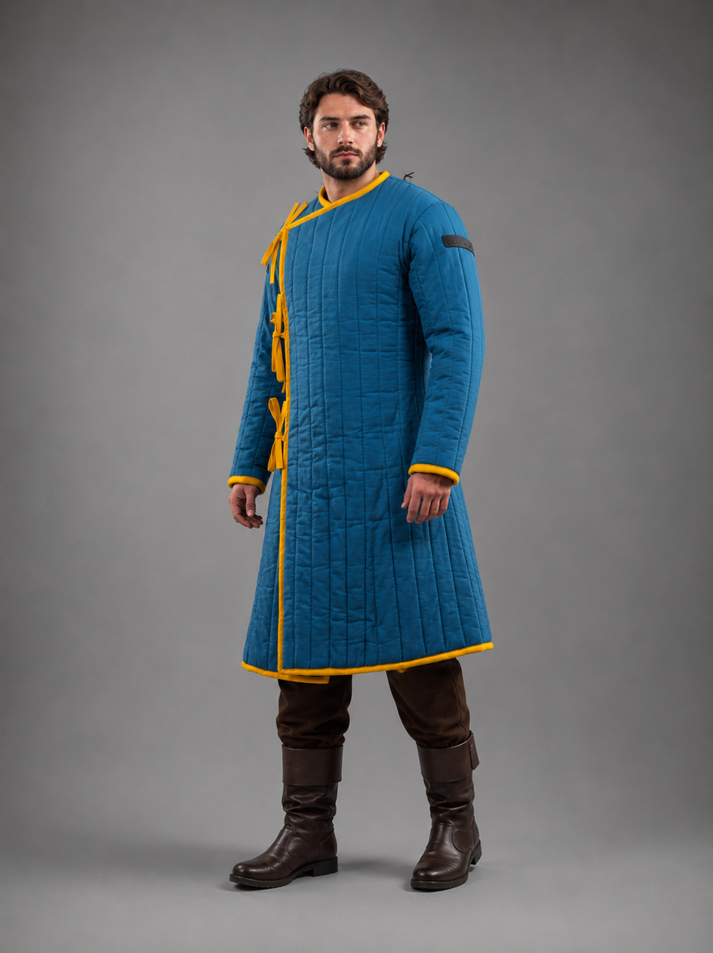 Men's Blue & Yellow Medieval Quilted Gambeson – Long Padded Arming Coat for LARP, SCA & Reenactment