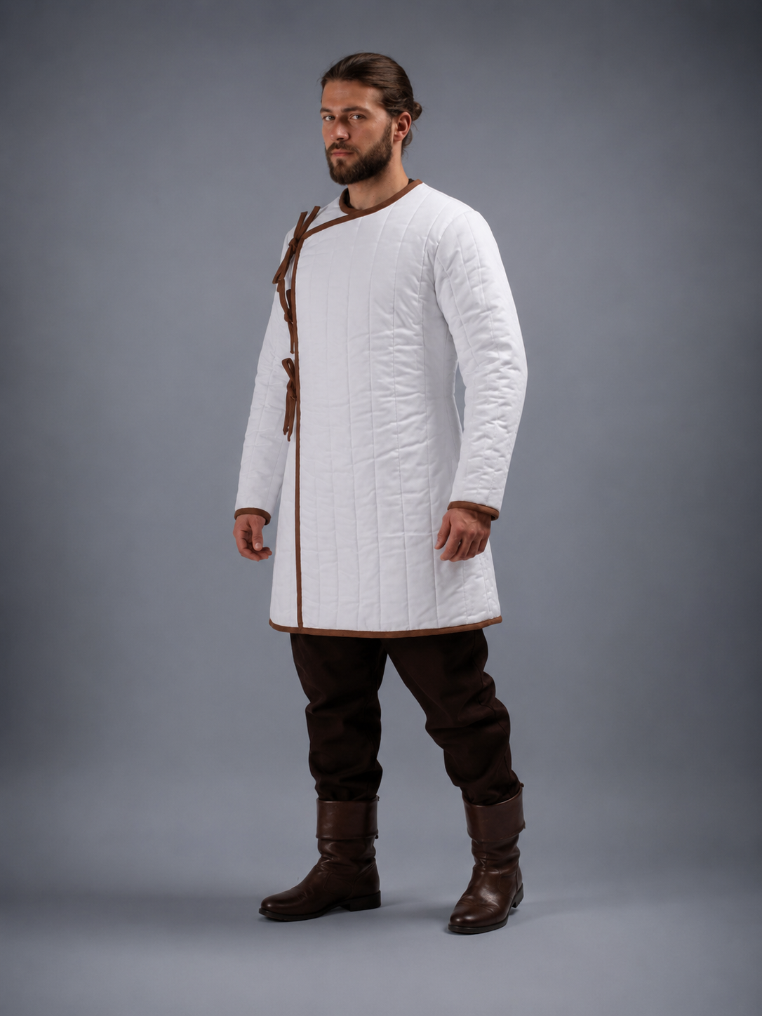 Men's White Medieval Quilted Gambeson with Brown Trim – Padded Arming Coat for LARP, SCA & Reenactment