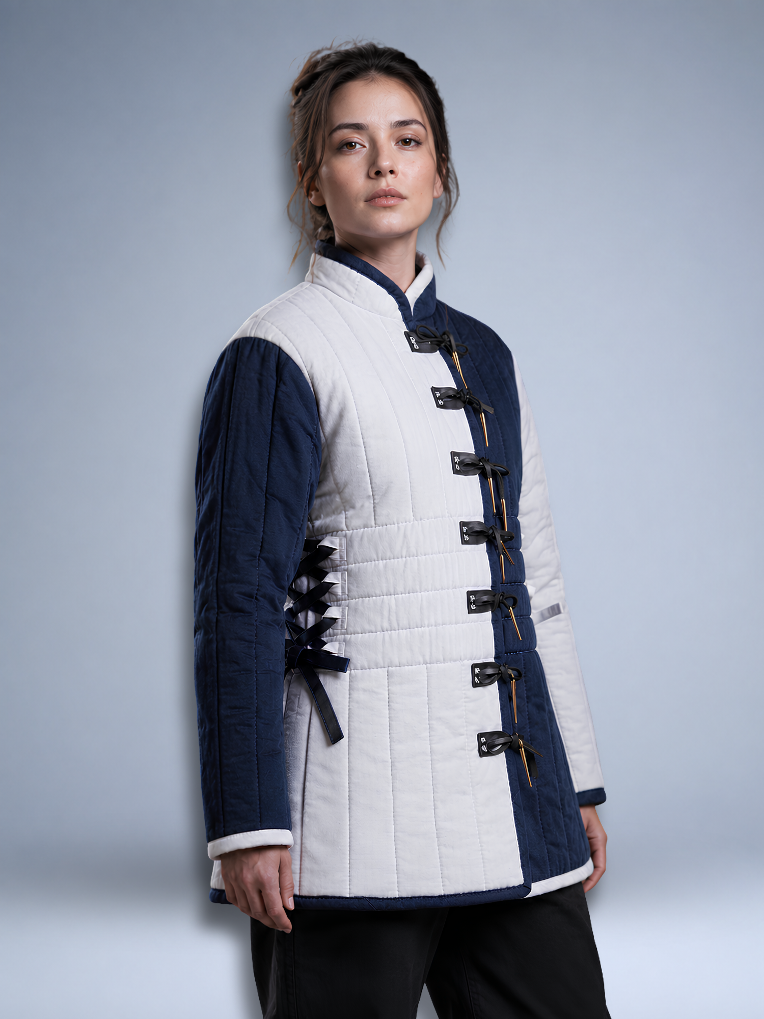 Medieval women Gambeson Aketon Costume – Navy & White Quilted Armor For Reenactment SCA LARP