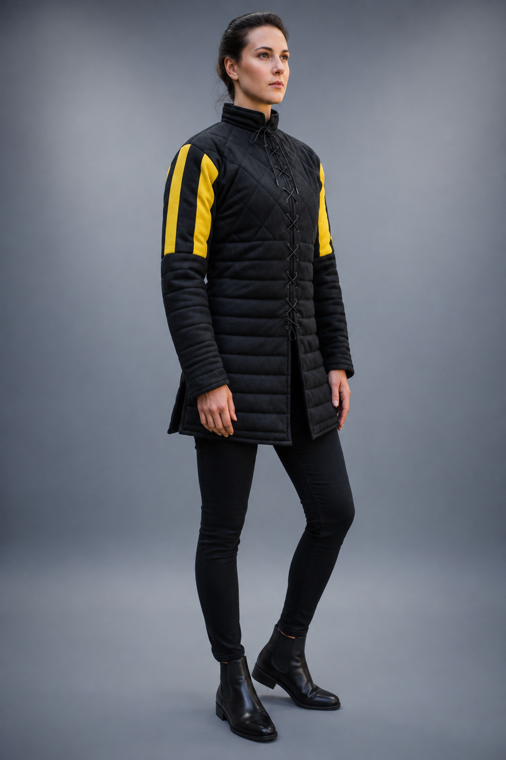 Women's Black & Yellow Medieval Quilted Gambeson – Padded Arming Coat for LARP, SCA & Historical Reenactment