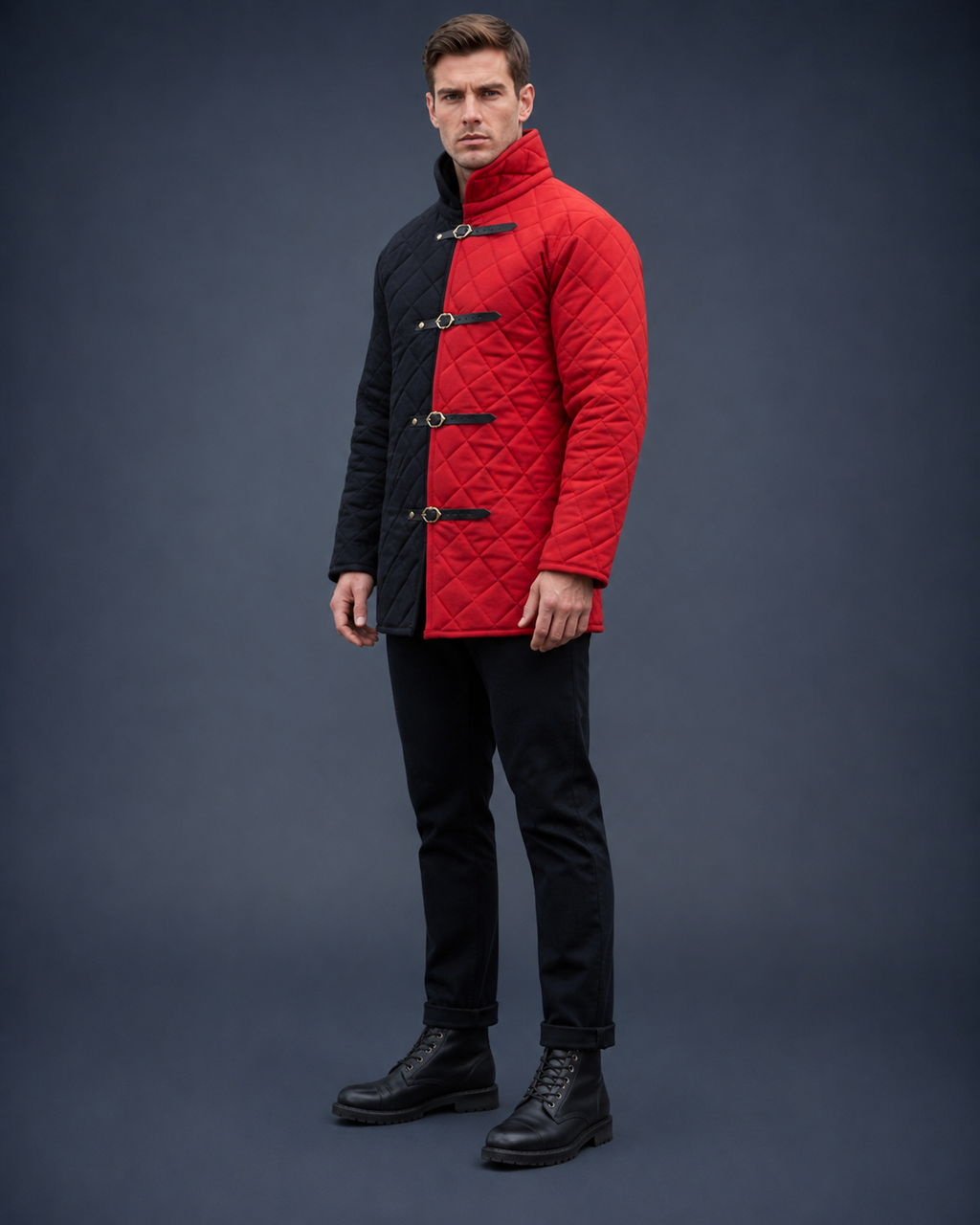 Men’s Medieval Red & Black Quilted Gambeson Jacket – Padded LARP Reenactment Armor Coat