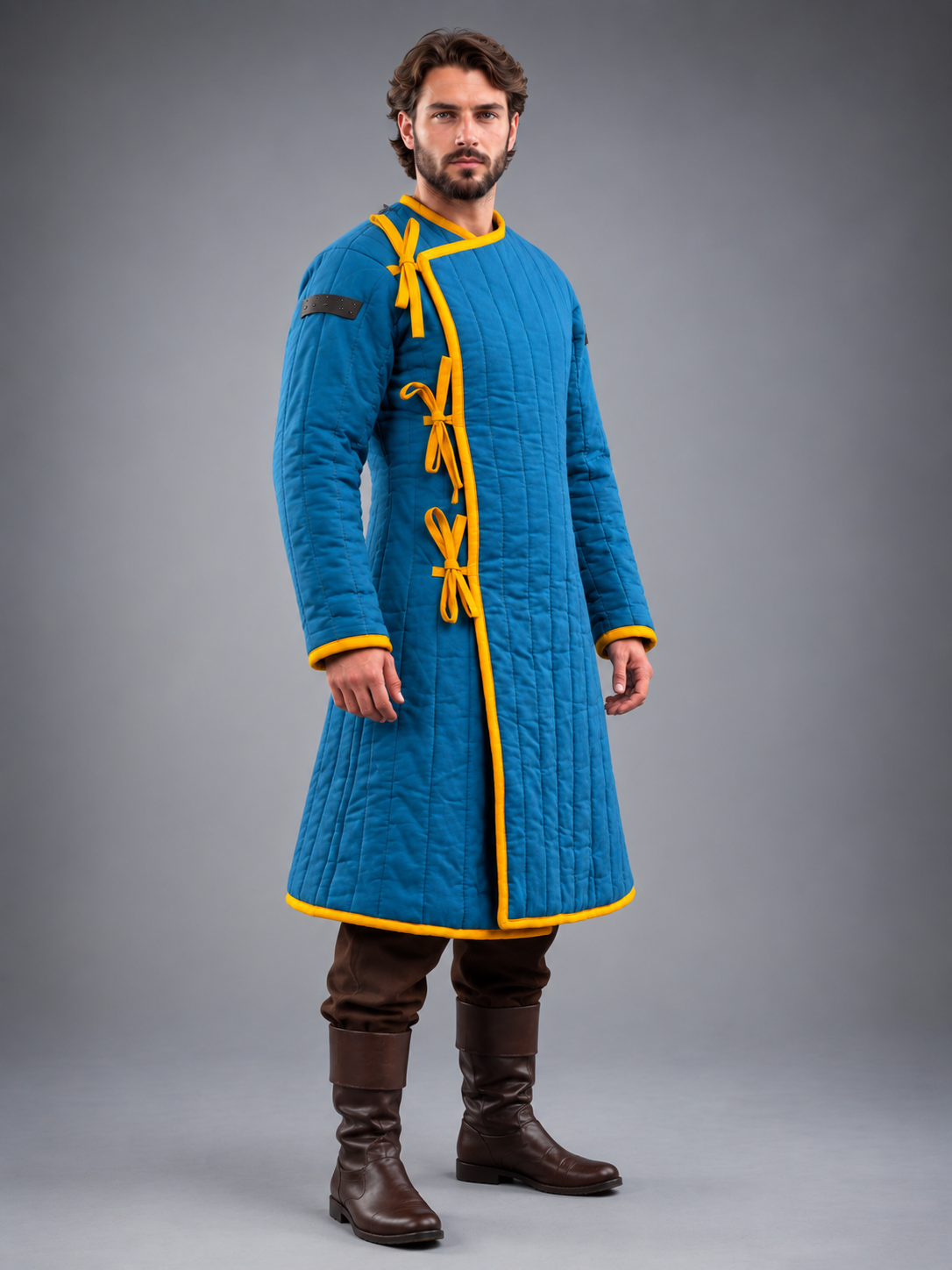 Men's Blue & Yellow Medieval Quilted Gambeson – Long Padded Arming Coat for LARP, SCA & Reenactment