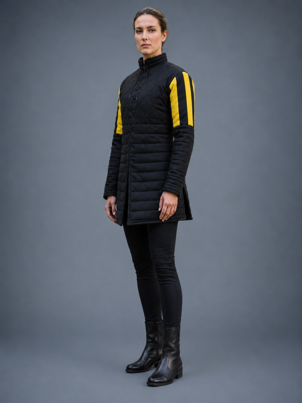 Women's Black & Yellow Medieval Quilted Gambeson – Padded Arming Coat for LARP, SCA & Historical Reenactment