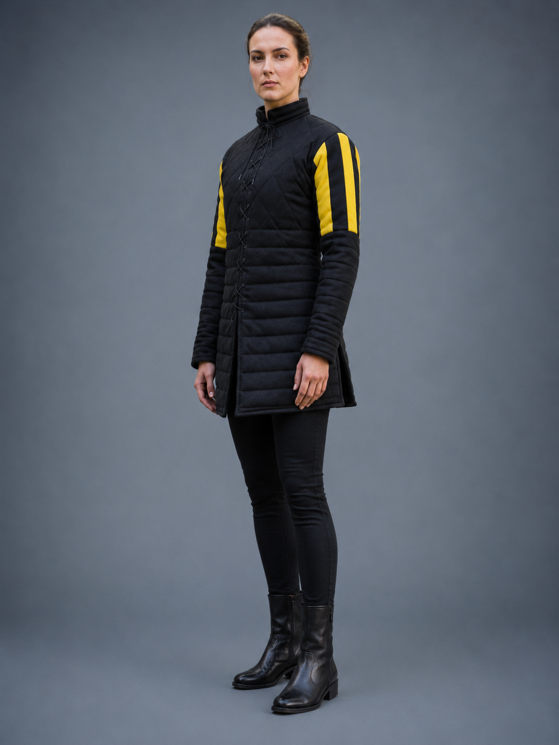 Women's Black & Yellow Medieval Quilted Gambeson – Padded Arming Coat for LARP, SCA & Historical Reenactment