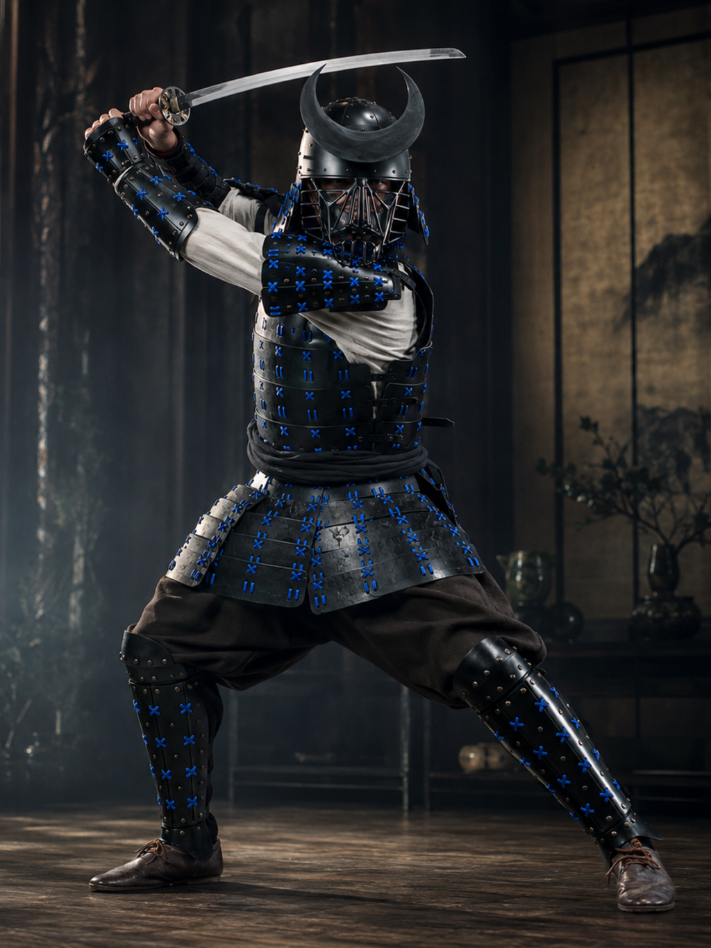 Black & Royal Blue Samurai Armor Set – Crescent Crest Warrior Armor