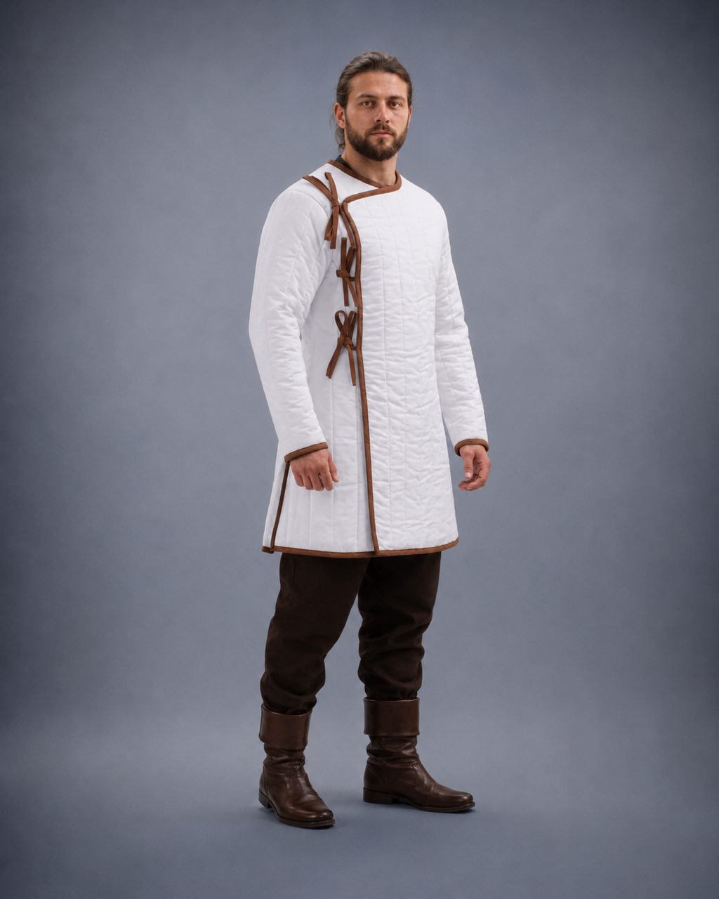 Men's White Medieval Quilted Gambeson with Brown Trim – Padded Arming Coat for LARP, SCA & Reenactment