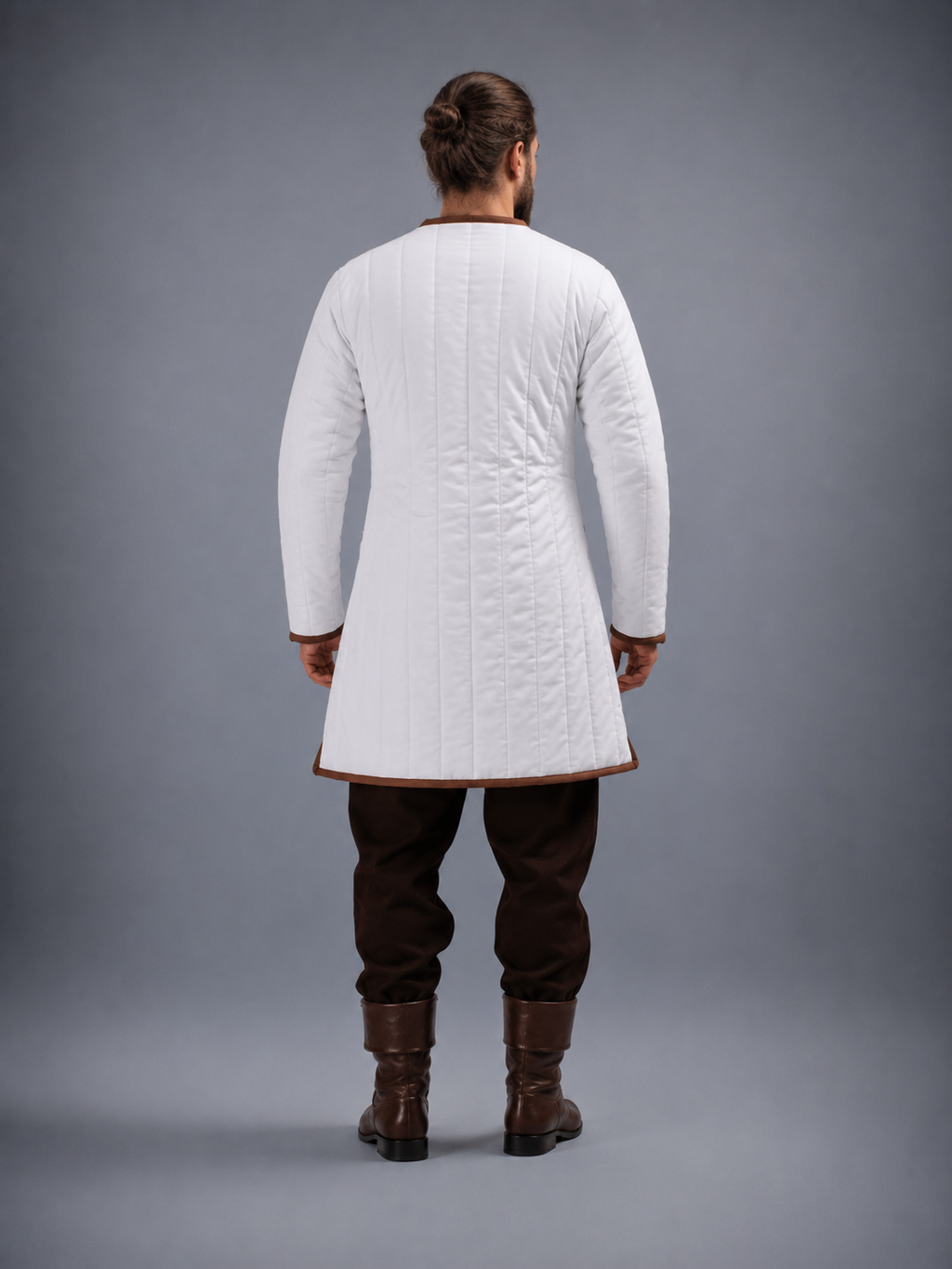 Men's White Medieval Quilted Gambeson with Brown Trim – Padded Arming Coat for LARP, SCA & Reenactment