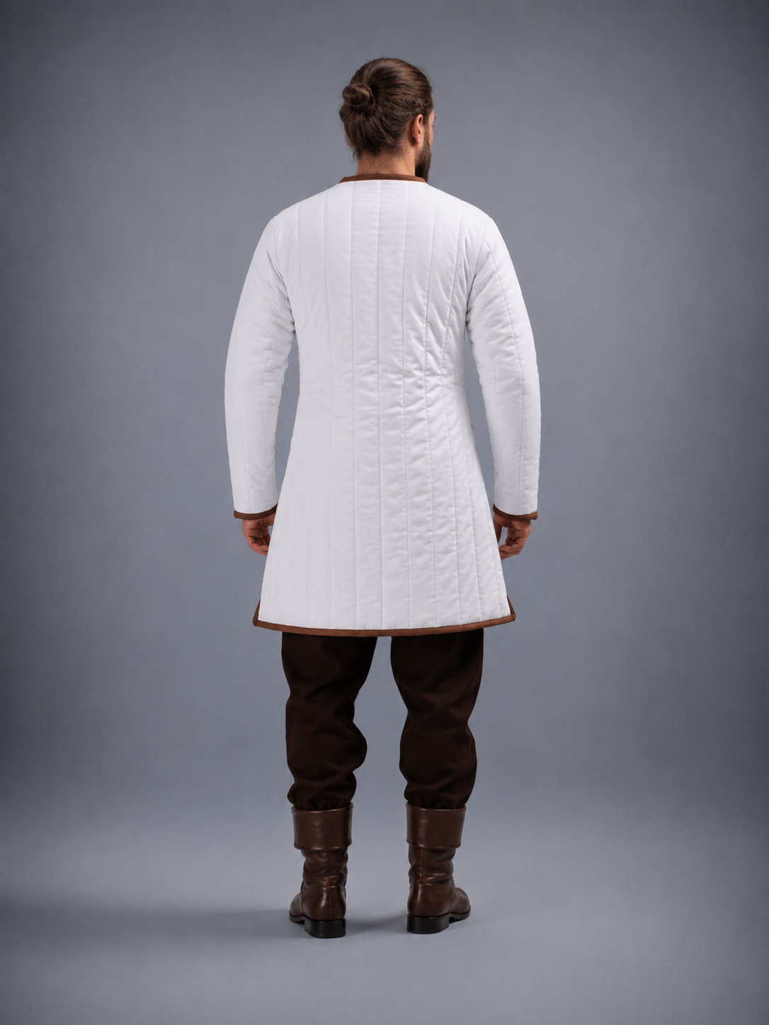 Men's White Medieval Quilted Gambeson with Brown Trim – Padded Arming Coat for LARP, SCA & Reenactment