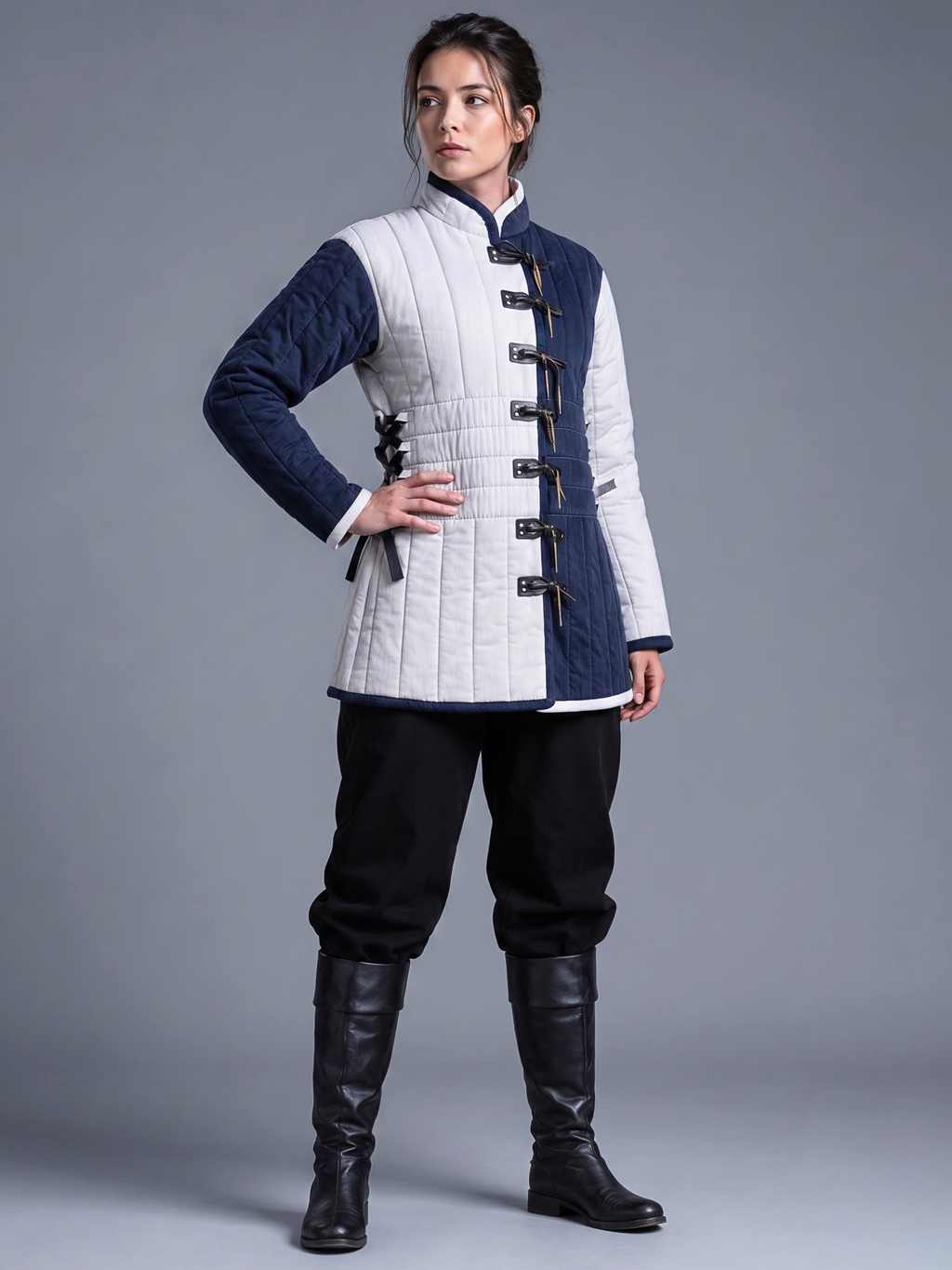 Medieval women Gambeson Aketon Costume – Navy & White Quilted Armor For Reenactment SCA LARP