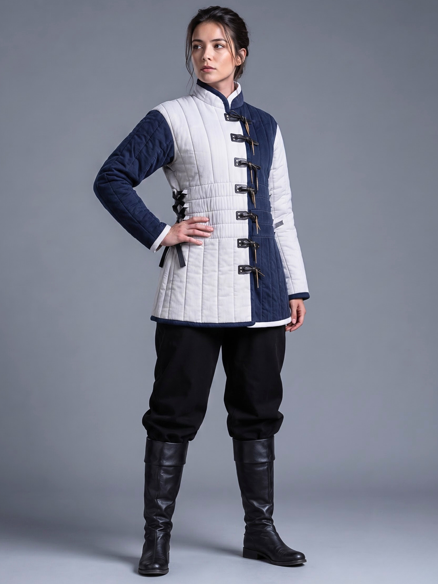 Medieval women Gambeson Aketon Costume – Navy & White Quilted Armor For Reenactment SCA LARP