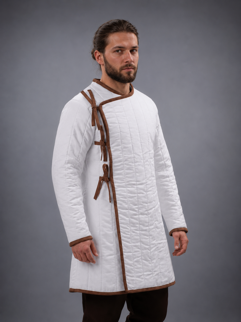 Men's White Medieval Quilted Gambeson with Brown Trim – Padded Arming Coat for LARP, SCA & Reenactment