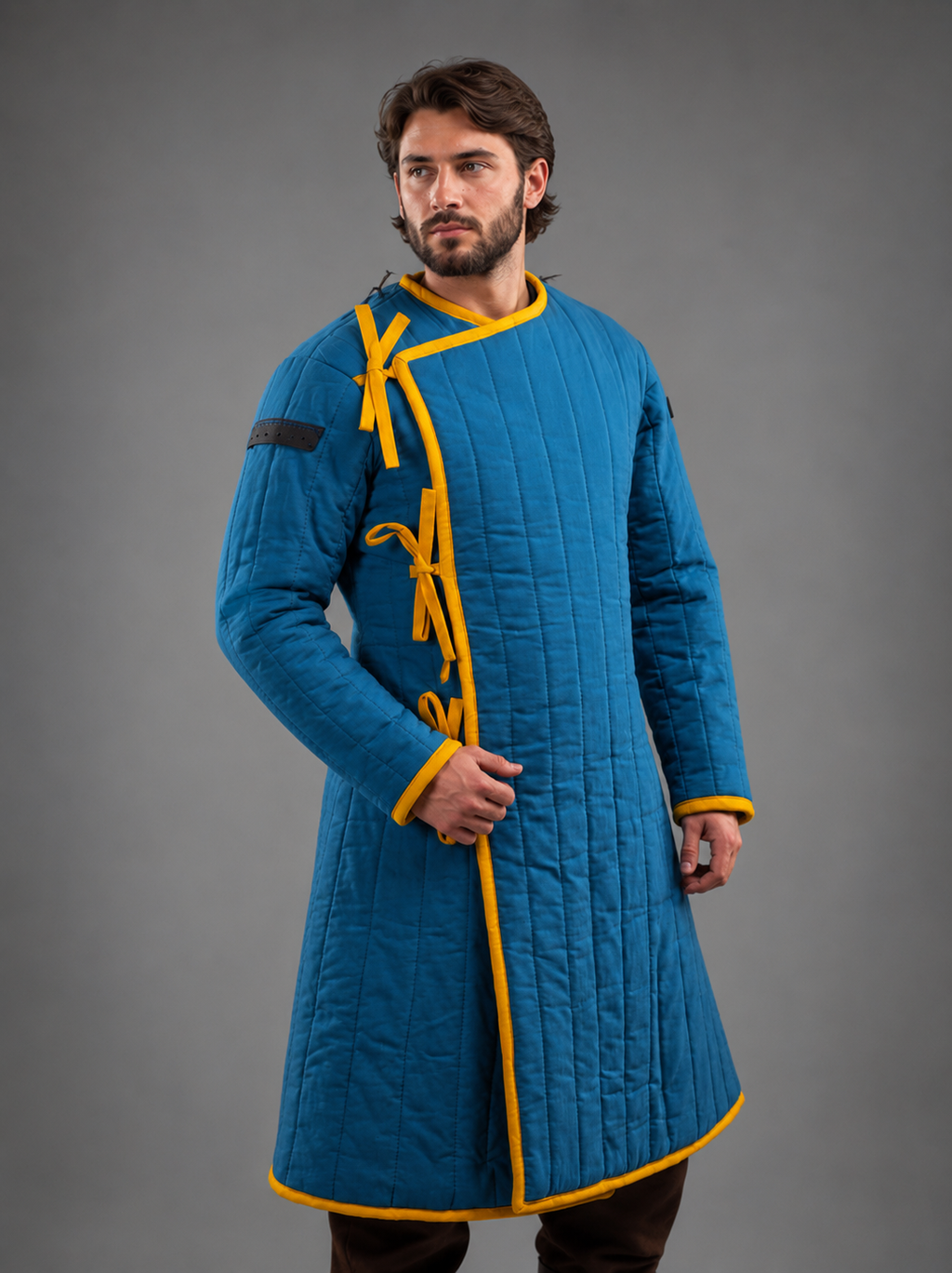 Men's Blue & Yellow Medieval Quilted Gambeson – Long Padded Arming Coat for LARP, SCA & Reenactment