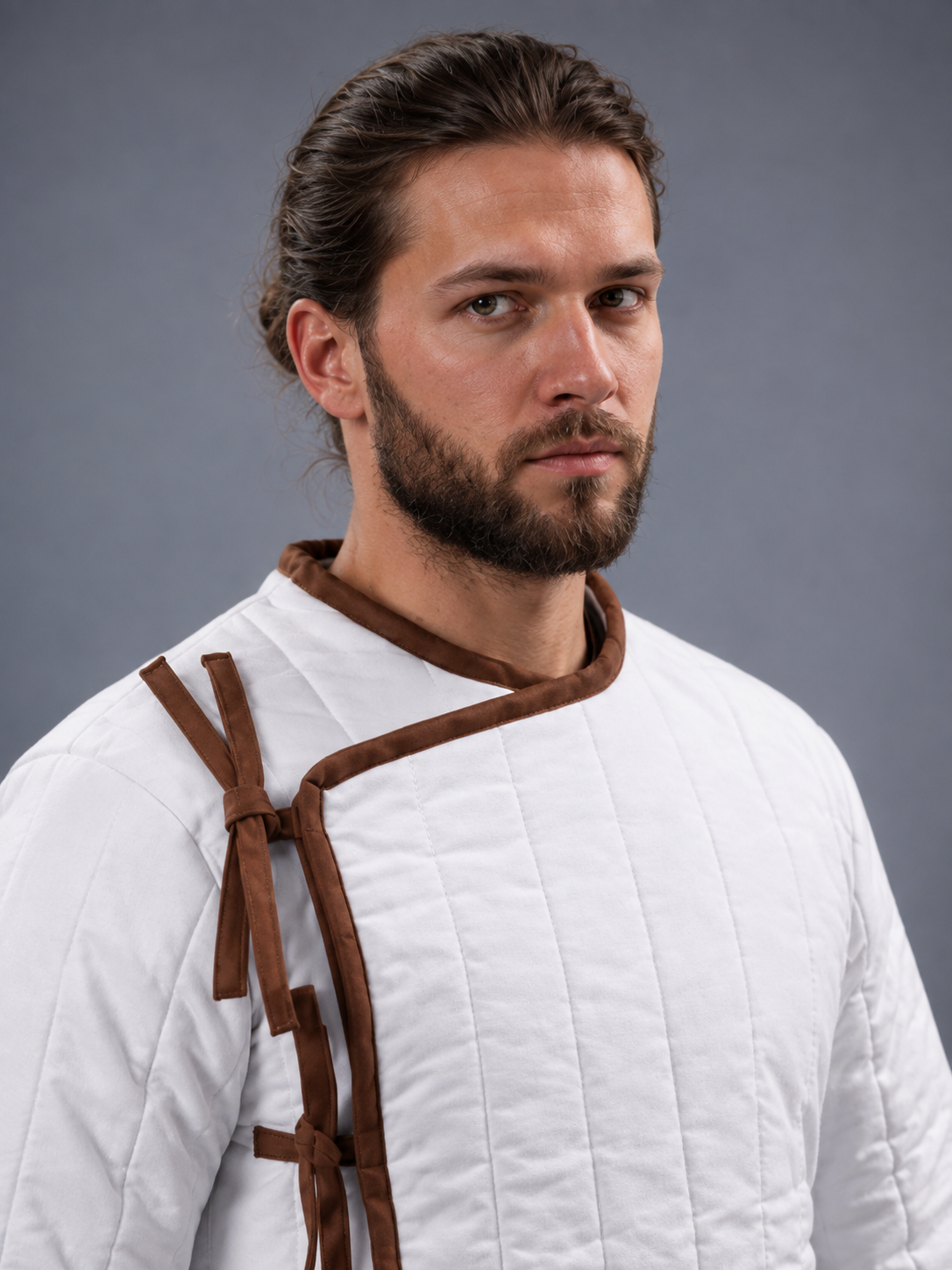 Men's White Medieval Quilted Gambeson with Brown Trim – Padded Arming Coat for LARP, SCA & Reenactment