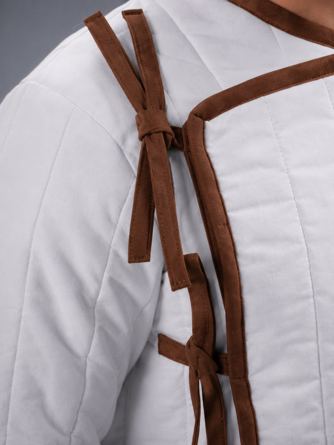 Men's White Medieval Quilted Gambeson with Brown Trim – Padded Arming Coat for LARP, SCA & Reenactment