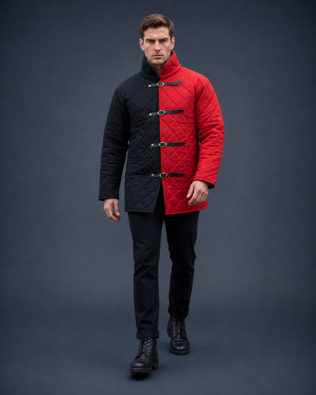 Men’s Medieval Red & Black Quilted Gambeson Jacket – Padded LARP Reenactment Armor Coat