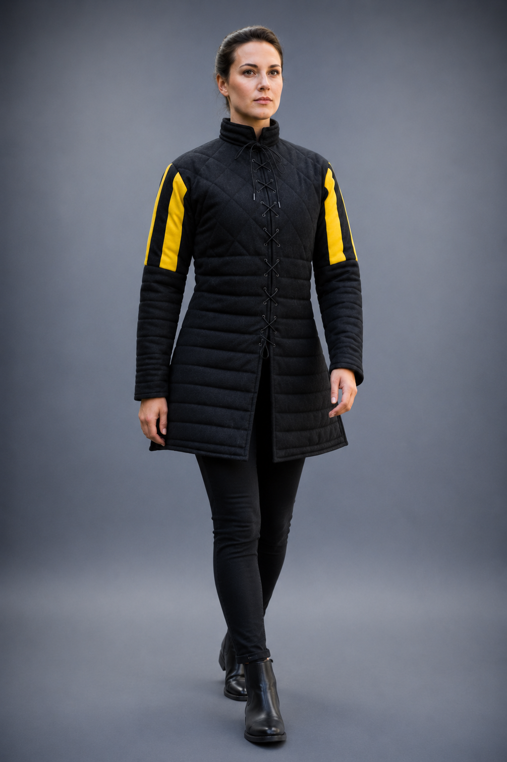 Women's Black & Yellow Medieval Quilted Gambeson – Padded Arming Coat for LARP, SCA & Historical Reenactment