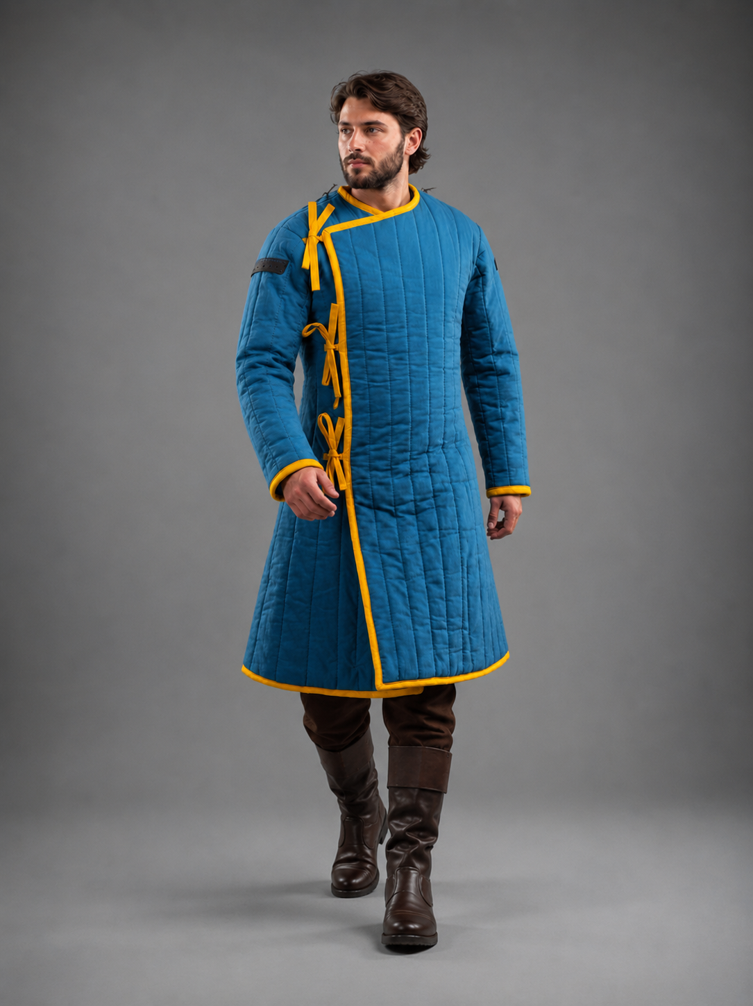 Men's Blue & Yellow Medieval Quilted Gambeson – Long Padded Arming Coat for LARP, SCA & Reenactment