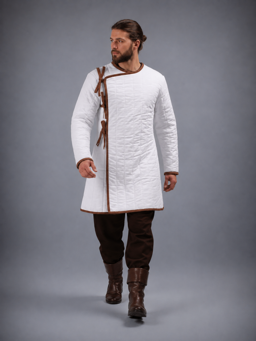 Men's White Medieval Quilted Gambeson with Brown Trim – Padded Arming Coat for LARP, SCA & Reenactment