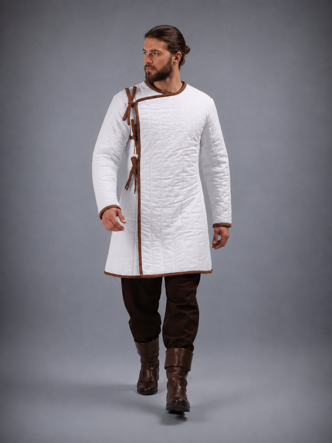 Men's White Medieval Quilted Gambeson with Brown Trim – Padded Arming Coat for LARP, SCA & Reenactment