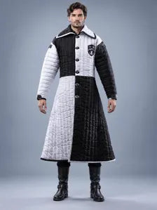Men's Medieval Gambeson Coat, Black White Quilted Armor Jacket, LARP Knight Costume, Reenactment Warrior Outfit