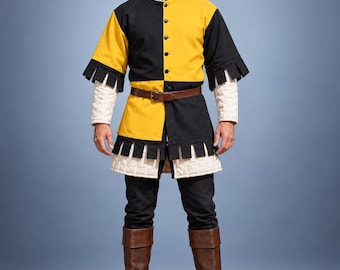 Men's Medieval Gambeson Tunic, Yellow Black Padded Armor, LARP Knight Costume, Renaissance Warrior Outfit