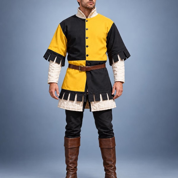 Men's Medieval Gambeson Tunic, Yellow Black Padded Armor, LARP Knight Costume, Renaissance Warrior Outfit
