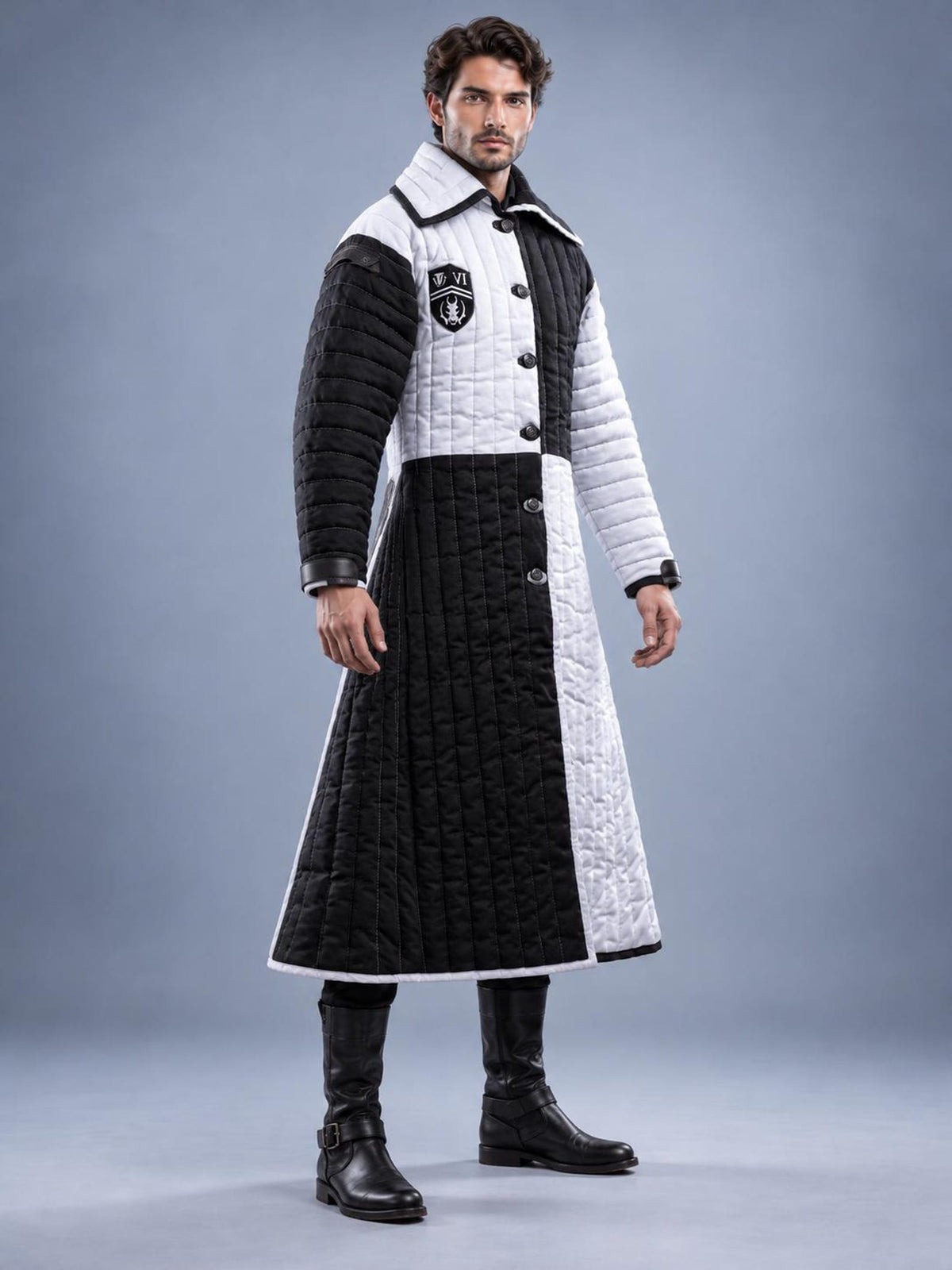 Men's Medieval Gambeson Coat, Black White Quilted Armor Jacket, LARP Knight Costume, Reenactment Warrior Outfit