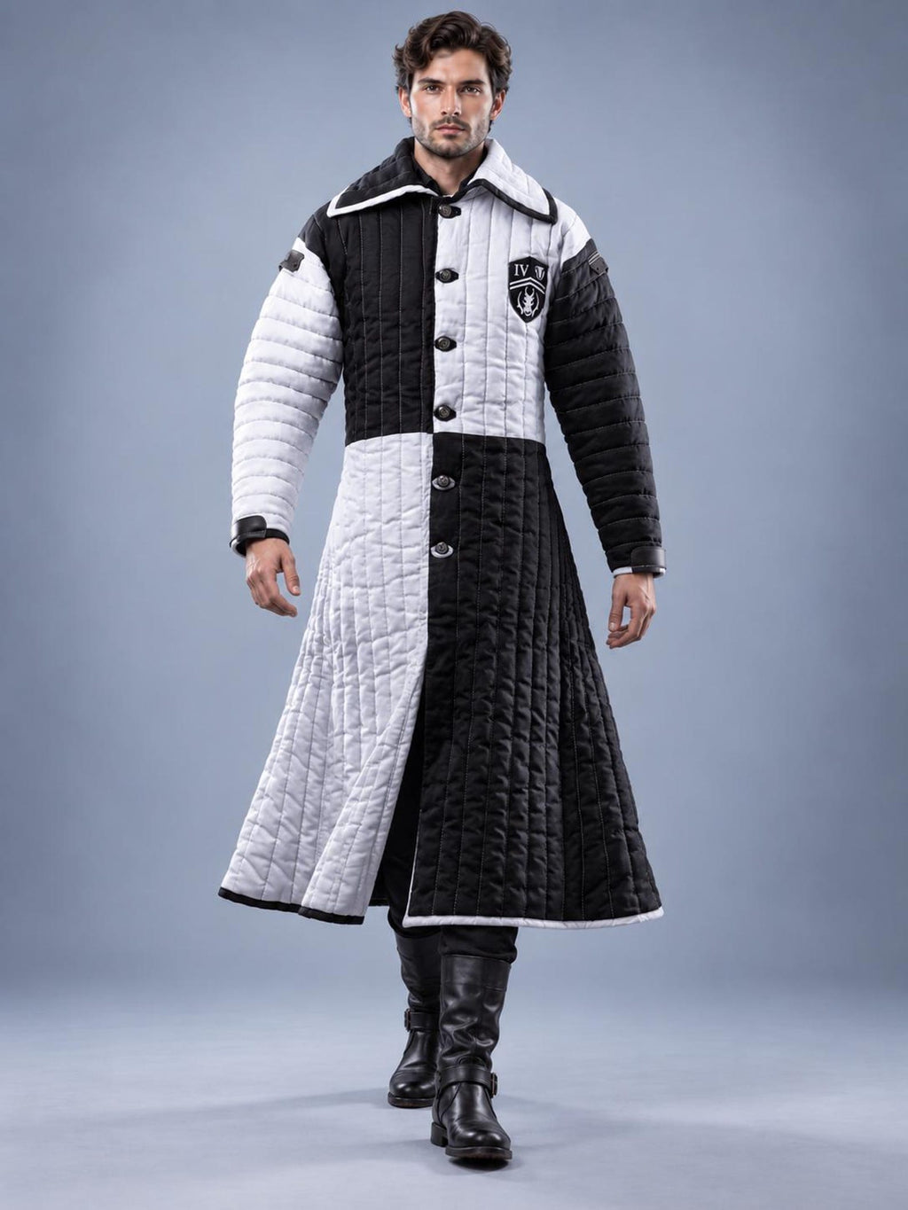 Men's Medieval Gambeson Coat, Black White Quilted Armor Jacket, LARP Knight Costume, Reenactment Warrior Outfit