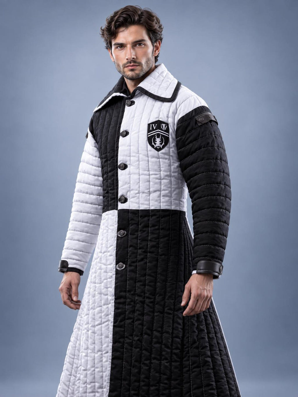 Men's Medieval Gambeson Coat, Black White Quilted Armor Jacket, LARP Knight Costume, Reenactment Warrior Outfit