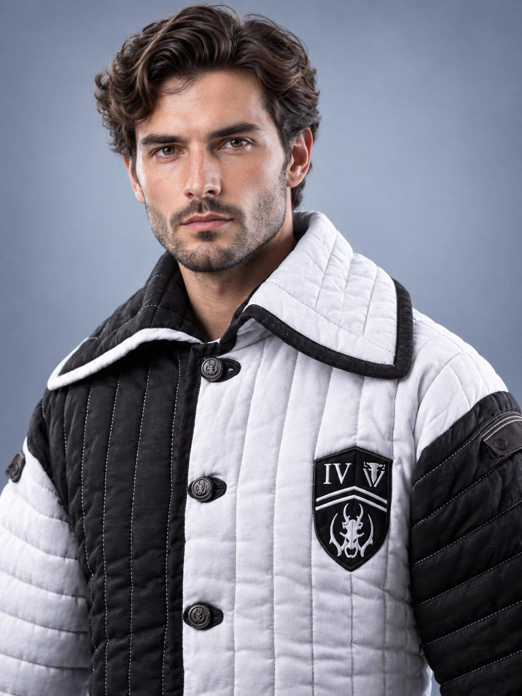 Men's Medieval Gambeson Coat, Black White Quilted Armor Jacket, LARP Knight Costume, Reenactment Warrior Outfit
