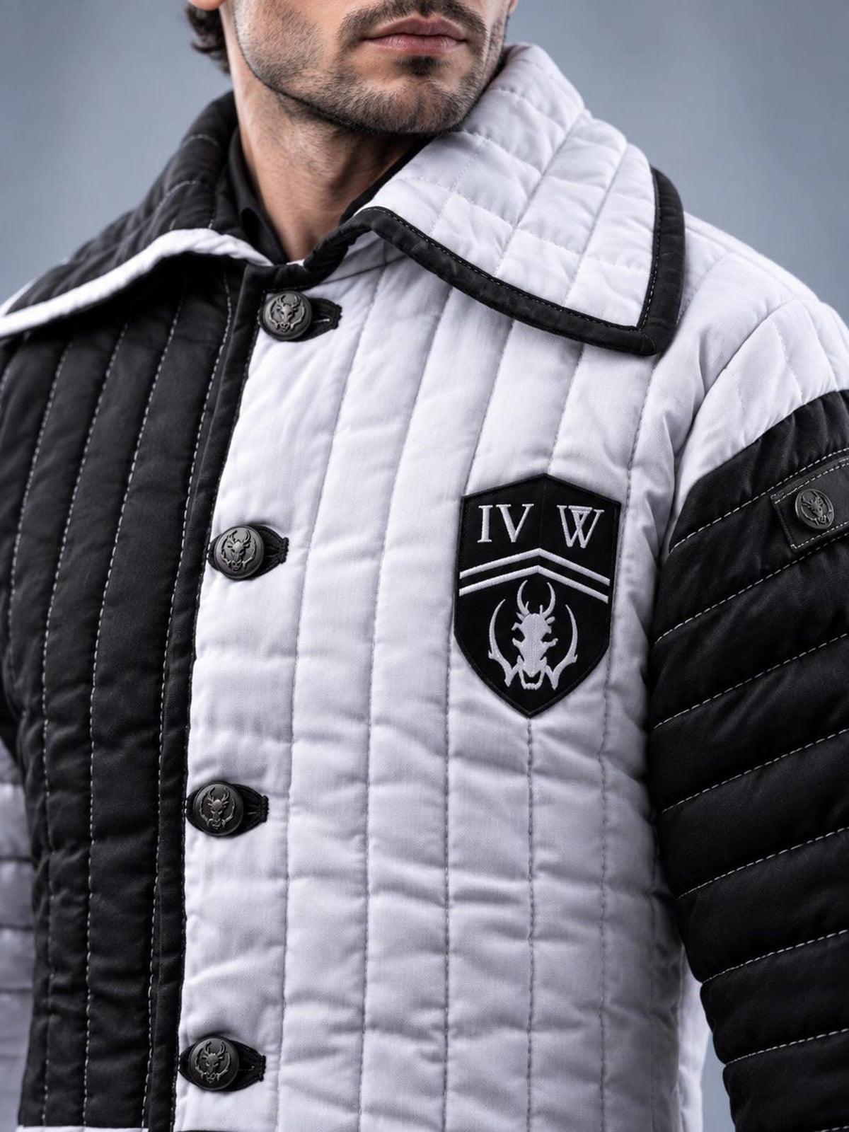 Men's Medieval Gambeson Coat, Black White Quilted Armor Jacket, LARP Knight Costume, Reenactment Warrior Outfit
