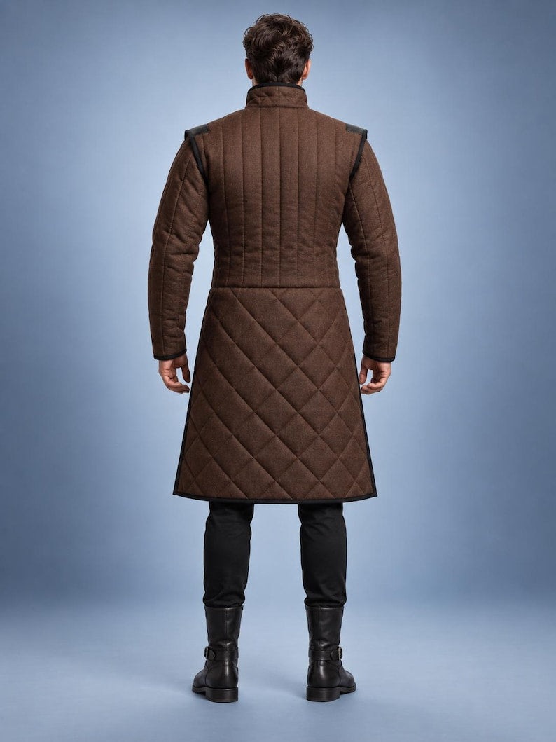 Men's Medieval Gambeson Coat, Brown Quilted Padded Armor, LARP Knight Costume