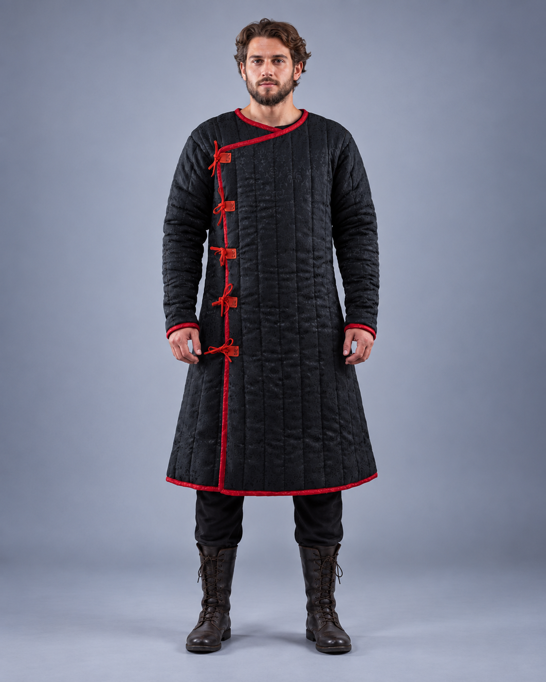 Men's Black & Red Medieval Quilted Gambeson – Long Padded Arming Coat for LARP, SCA & Historical Reenactment