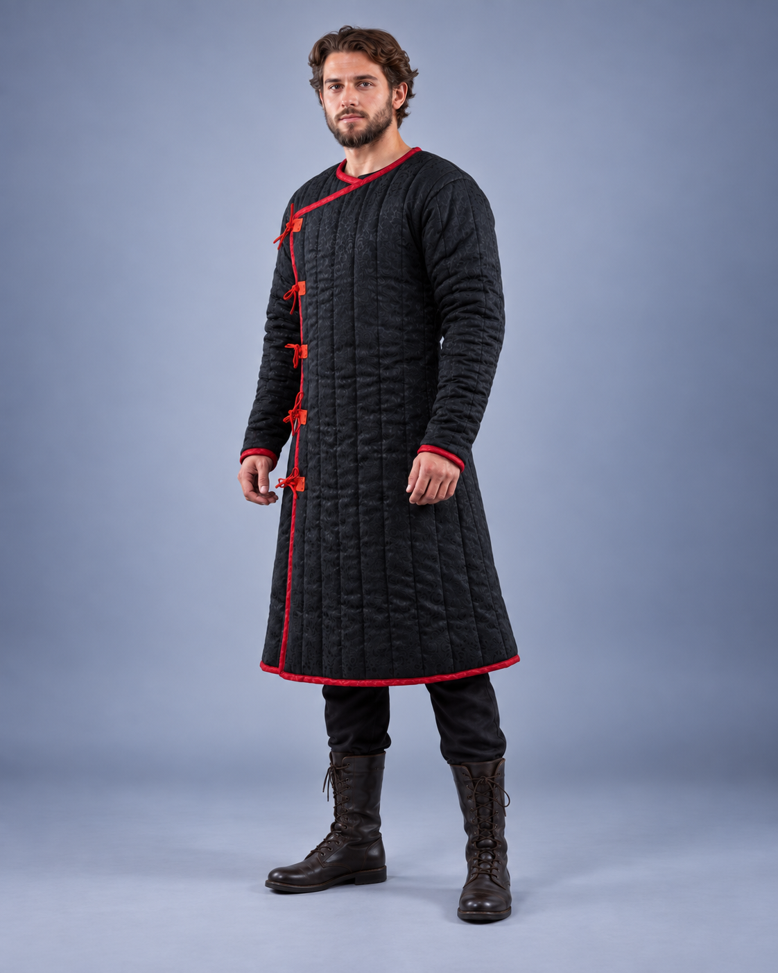 Men's Black & Red Medieval Quilted Gambeson – Long Padded Arming Coat for LARP, SCA & Historical Reenactment