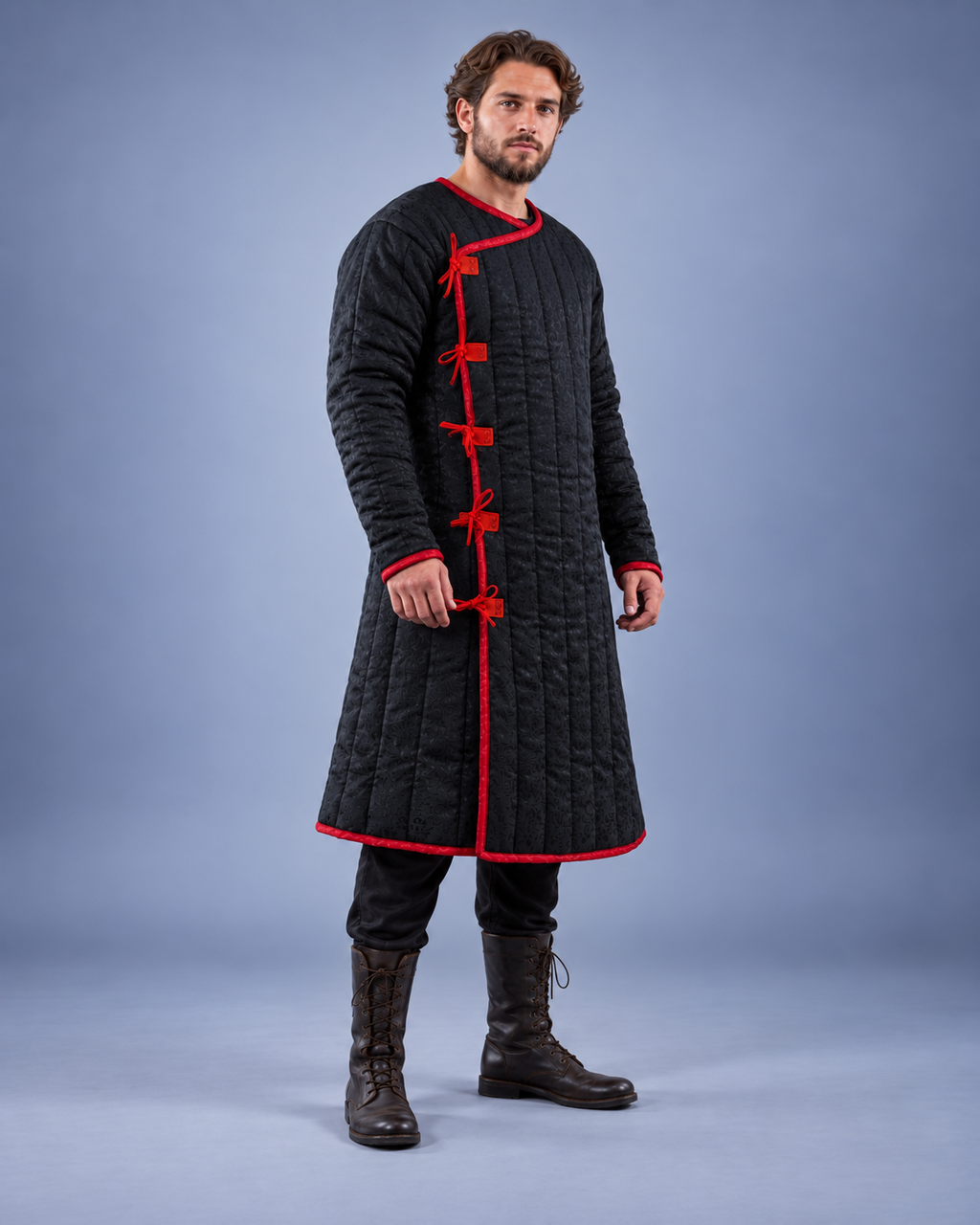 Men's Black & Red Medieval Quilted Gambeson – Long Padded Arming Coat for LARP, SCA & Historical Reenactment