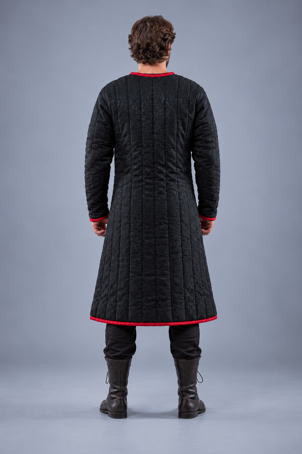 Men's Black & Red Medieval Quilted Gambeson – Long Padded Arming Coat for LARP, SCA & Historical Reenactment