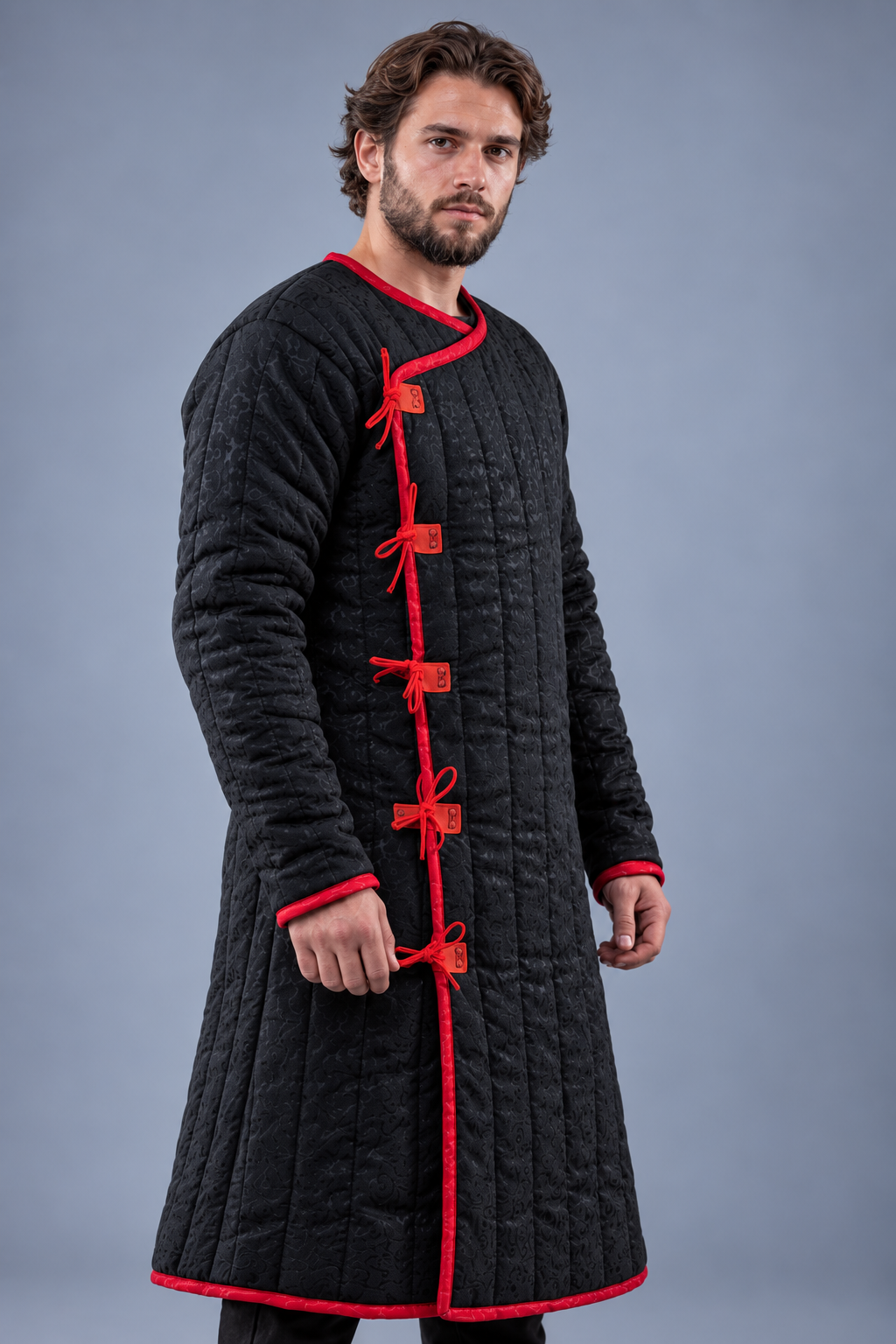 Men's Black & Red Medieval Quilted Gambeson – Long Padded Arming Coat for LARP, SCA & Historical Reenactment