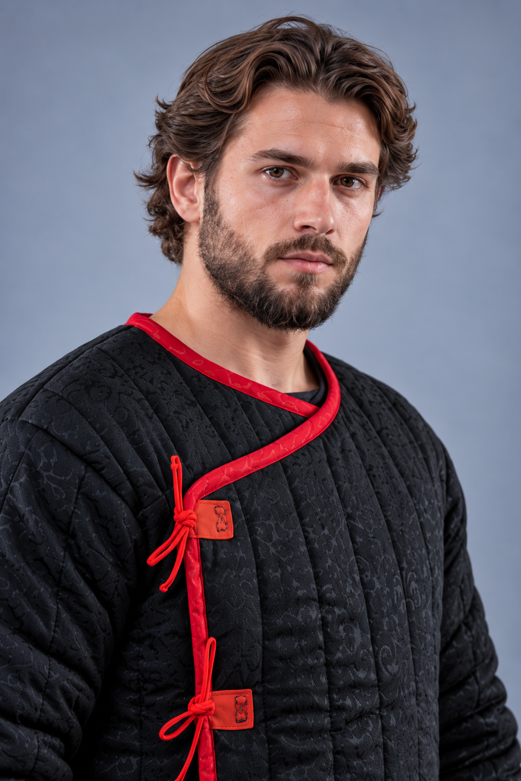 Men's Black & Red Medieval Quilted Gambeson – Long Padded Arming Coat for LARP, SCA & Historical Reenactment