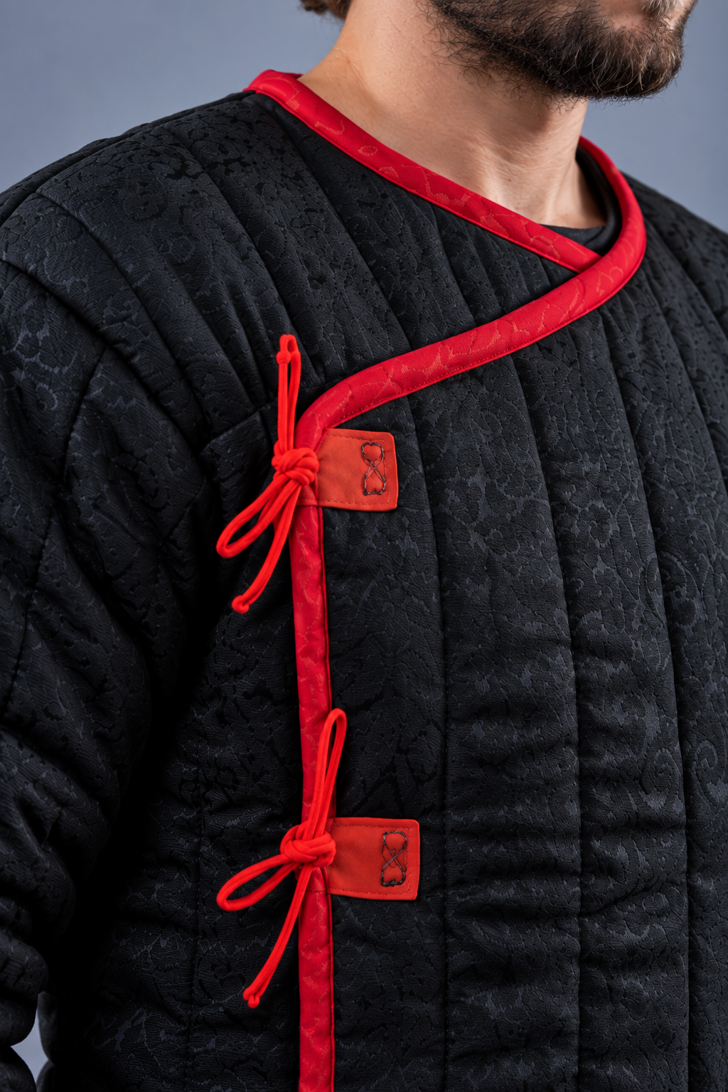 Men's Black & Red Medieval Quilted Gambeson – Long Padded Arming Coat for LARP, SCA & Historical Reenactment