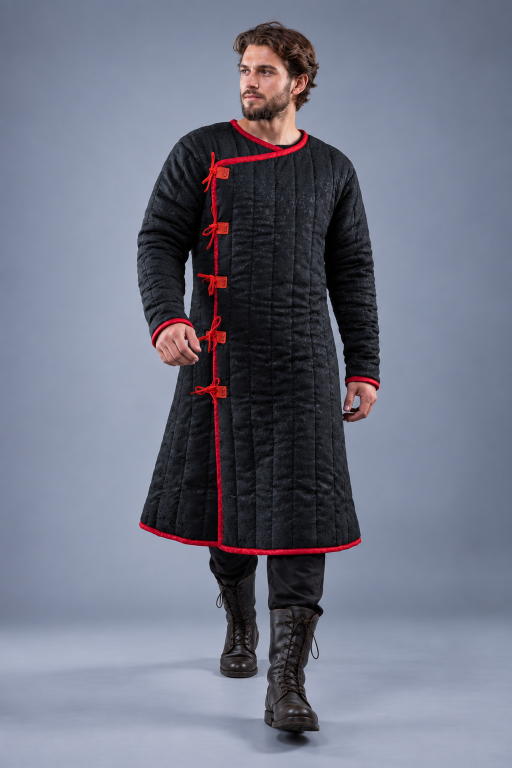 Men's Black & Red Medieval Quilted Gambeson – Long Padded Arming Coat for LARP, SCA & Historical Reenactment