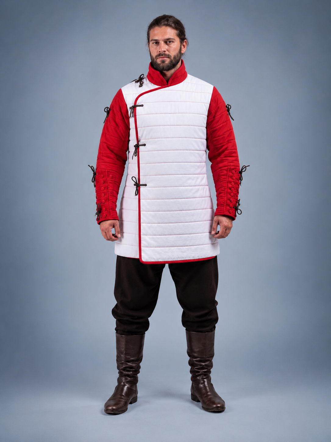 Men's White & Red Medieval Quilted Gambeson – Padded Arming Coat for LARP, SCA & Historical Reenactment