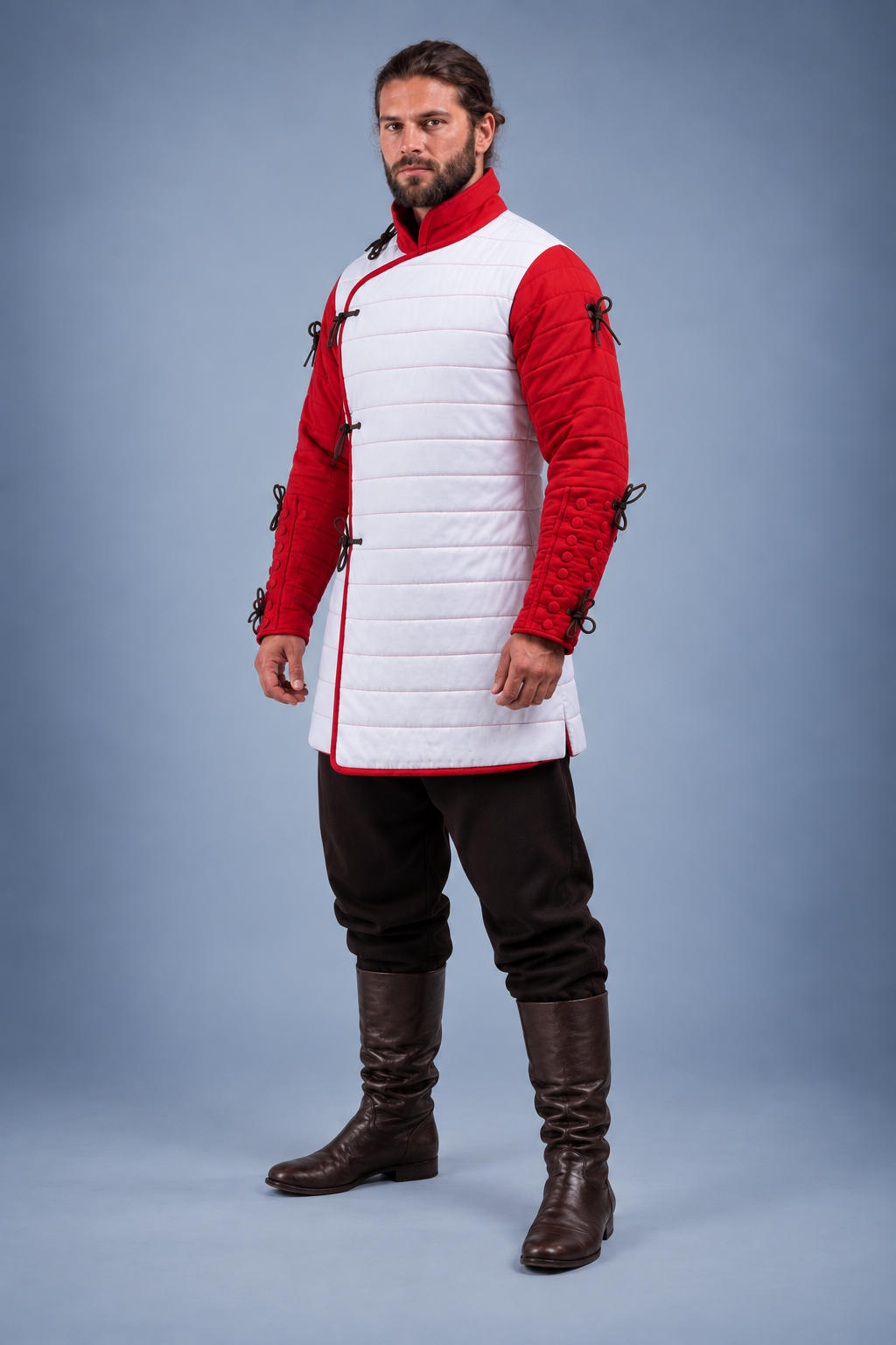 Men's White & Red Medieval Quilted Gambeson – Padded Arming Coat for LARP, SCA & Historical Reenactment