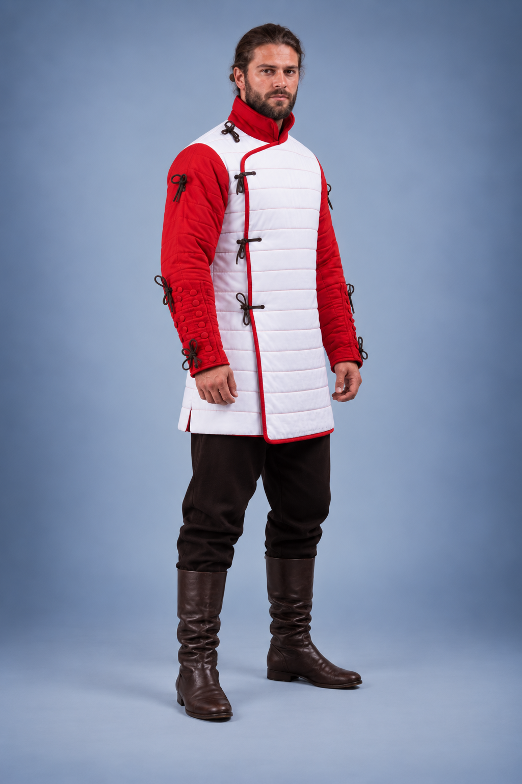 Men's White & Red Medieval Quilted Gambeson – Padded Arming Coat for LARP, SCA & Historical Reenactment