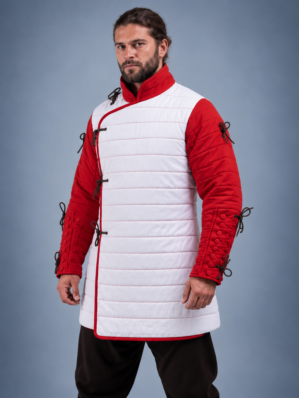 Men's White & Red Medieval Quilted Gambeson – Padded Arming Coat for LARP, SCA & Historical Reenactment