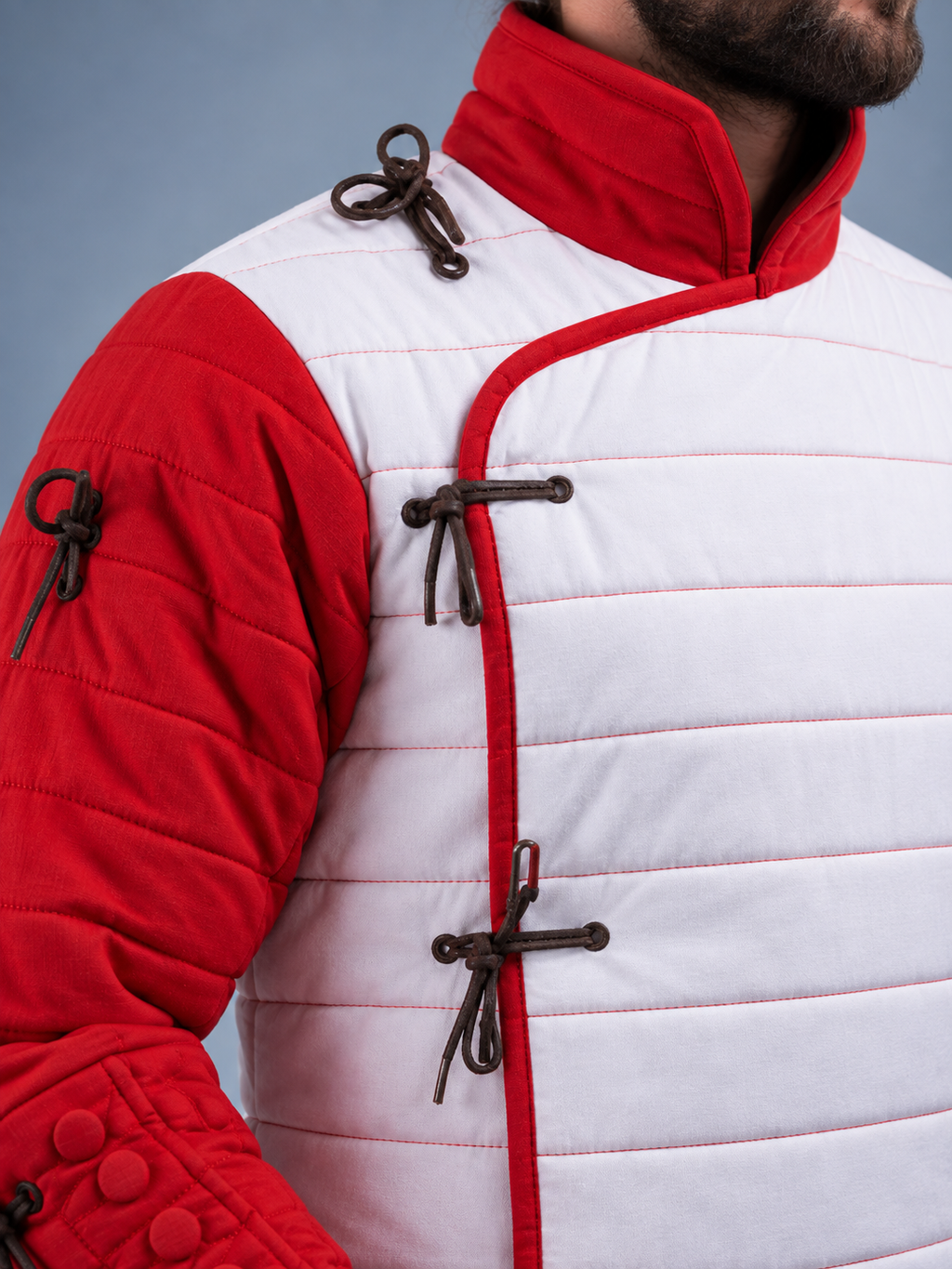 Men's White & Red Medieval Quilted Gambeson – Padded Arming Coat for LARP, SCA & Historical Reenactment